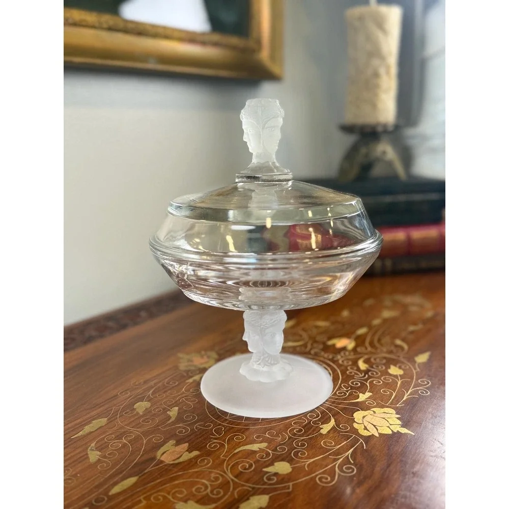 Antique EAPG Three Face Covered Compote • Duncan No. 400 Frosted Glass